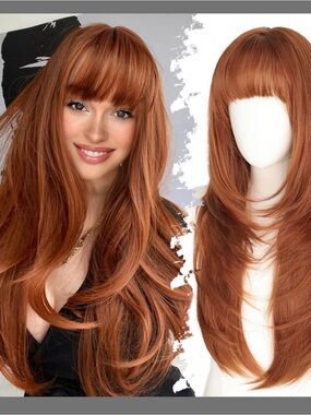 Eawwii Long Ginger Wig W/ Bangs,4x4 Realistic Scalp, Layered Synthetic 26”